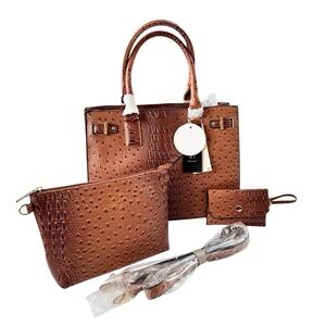 NWT Le Miel Vegan Leather Tote Bag with Clutch and Wristlet Ostrich Brown